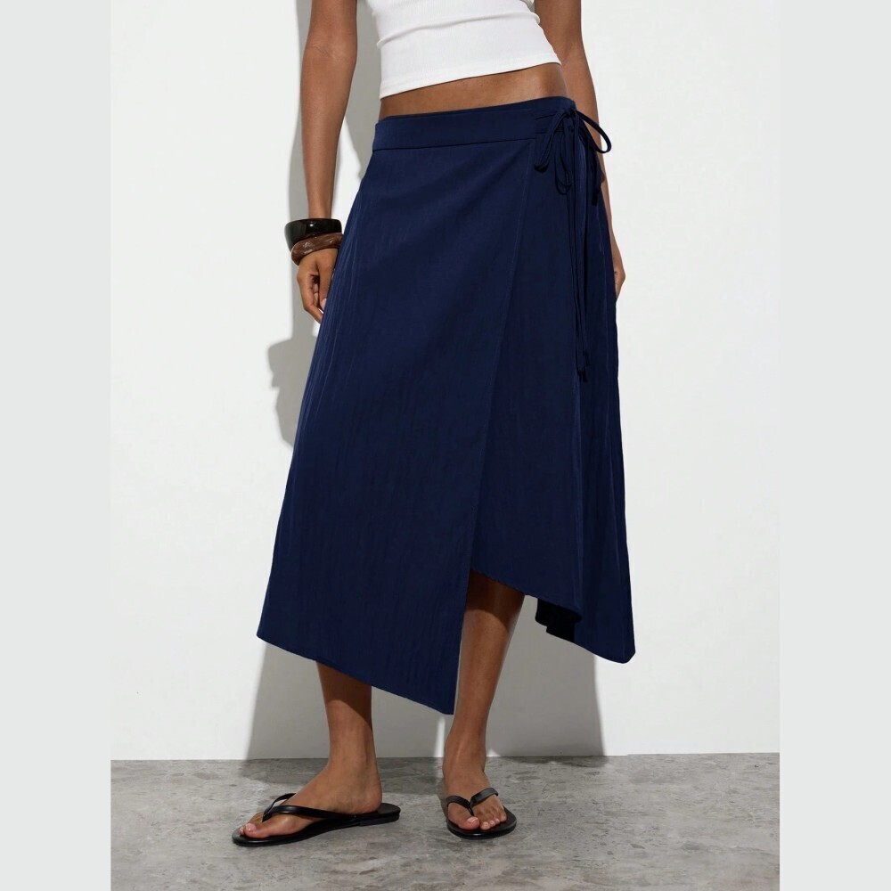 Navy Blue Woven Wrap Front Tie Waist Asymmetric Hem Midi Skirt